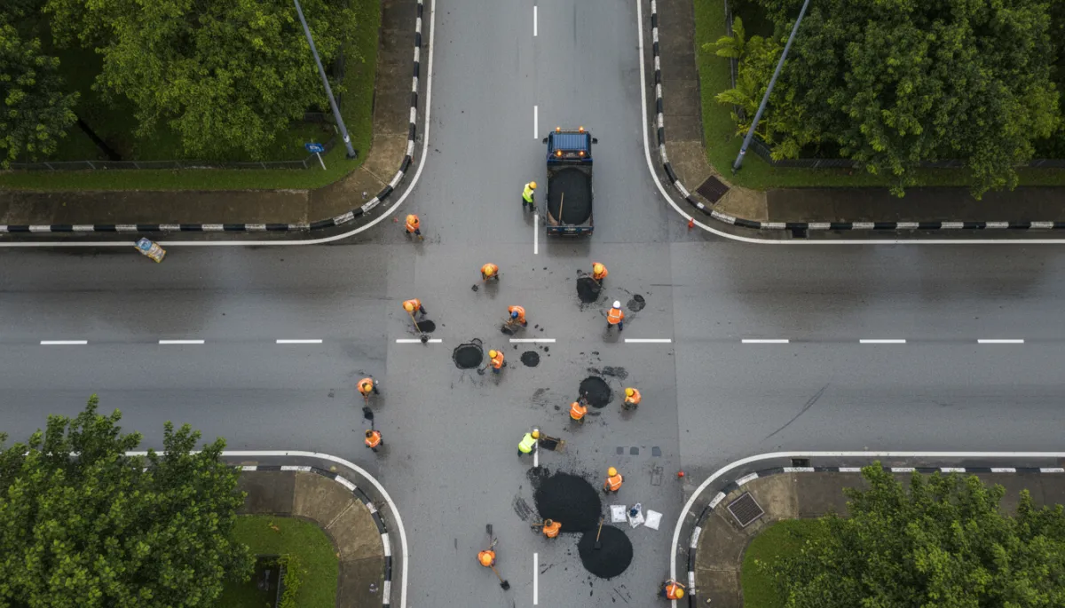 professional aerial view of a Malaysian municipal road crew repairing potholes during light rain, workers in reflective vests using cold mix asphalt on a wet road surface, neutral color palette, overcast sky