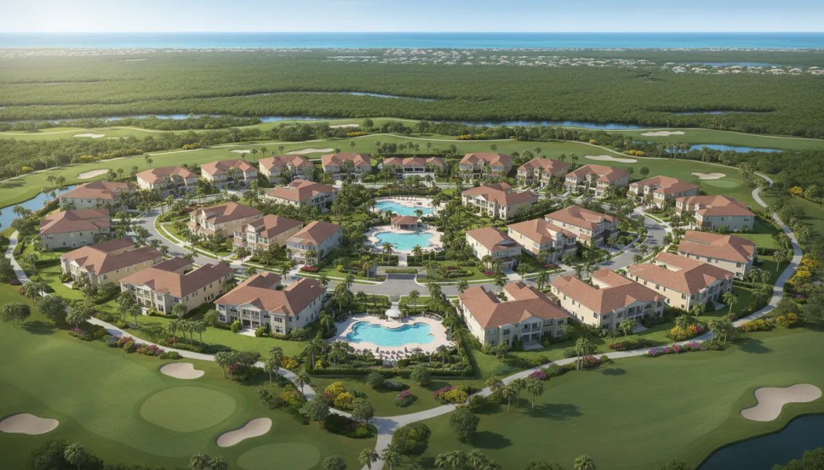 A highly realistic, high-resolution aerial photograph of a real active adult community in Bonita Springs, Florida, clearly showing actual residential buildings, landscaped grounds, pools, and authentic surrounding greenery, with no digital manipulation or artificial elements. A highly realistic, high-resolution aerial photograph of a real active adult community in Bonita Springs, Florida, clearly showing actual residential buildings, landscaped grounds, pools, and authentic surrounding greenery, with no digital manipulation or artificial elements.