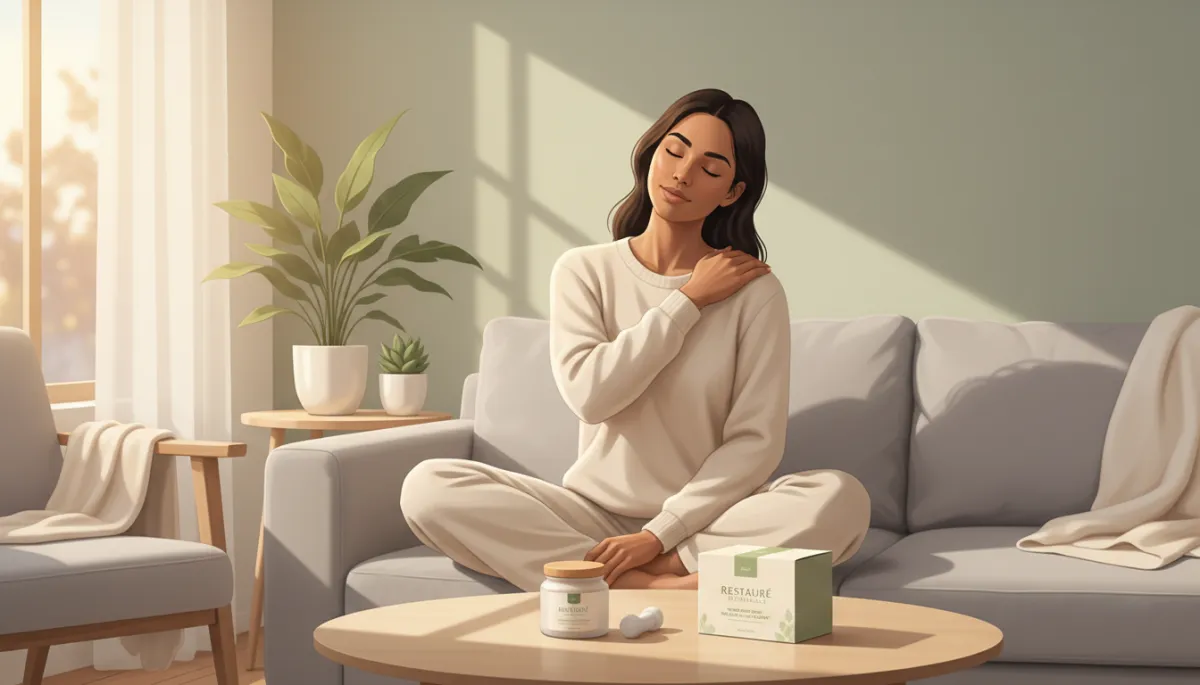A photorealistic, high-quality image of a serene, softly lit home environment. In the foreground, a person sits comfortably on a couch with their eyes closed, gently massaging their shoulder with care and awareness. Nearby on a coffee table rests the Restauré Botanicals Trigger Point Recovery kit, subtly in focus but not the main subject. The scene emphasizes self-investigation and mindful healing, with natural light streaming in, soft fabrics, and a few green plants in the background to evoke calm and holistic wellness. The composition is clean, uncluttered, and professional, visually supporting the theme of thoughtfully understanding and nurturing one’s body. A photorealistic, high-quality image of a serene, softly lit home environment. In the foreground, a person sits comfortably on a couch with their eyes closed, gently massaging their shoulder with care and awareness. Nearby on a coffee table rests the Restauré Botanicals Trigger Point Recovery kit, subtly in focus but not the main subject. The scene emphasizes self-investigation and mindful healing, with natural light streaming in, soft fabrics, and a few green plants in the background to evoke calm and holistic wellness. The composition is clean, uncluttered, and professional, visually supporting the theme of thoughtfully understanding and nurturing one’s body.
