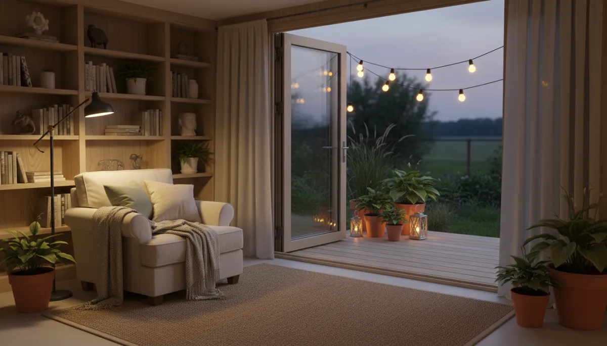 Photorealistic garden room styled as a cosy backyard retreat at dusk