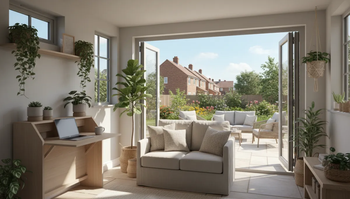 Photorealistic multi-purpose garden room with doors open to a neutral patio seating area