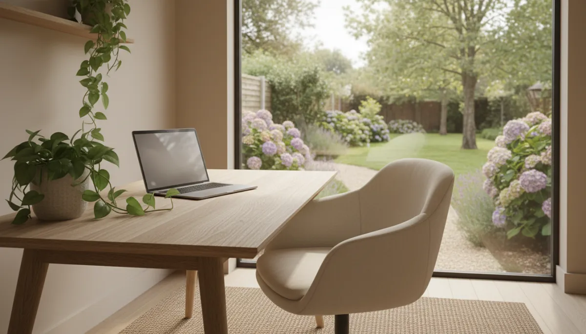 Photorealistic interior of a modern garden office overlooking a green Nottingham garden