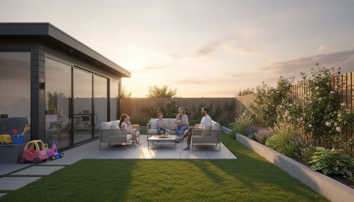 Photorealistic Nottingham garden with a modern garden room and family enjoying the outdoor space