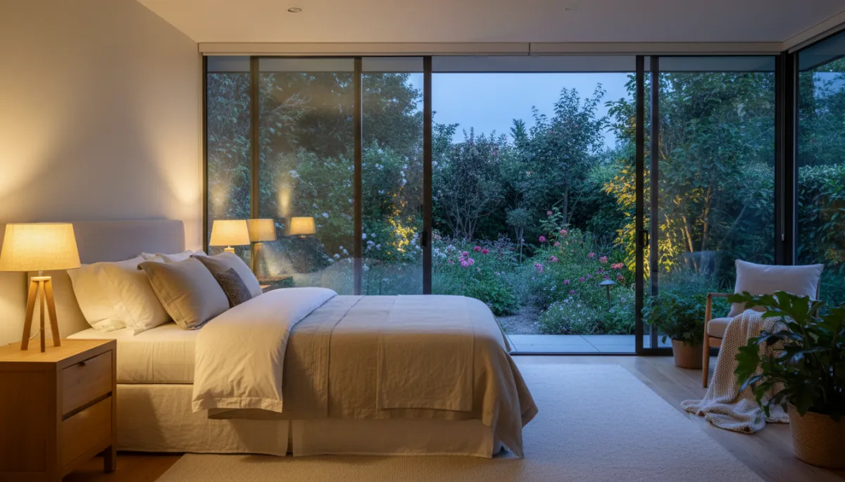 Warmly lit garden room set up as a bedroom at dusk