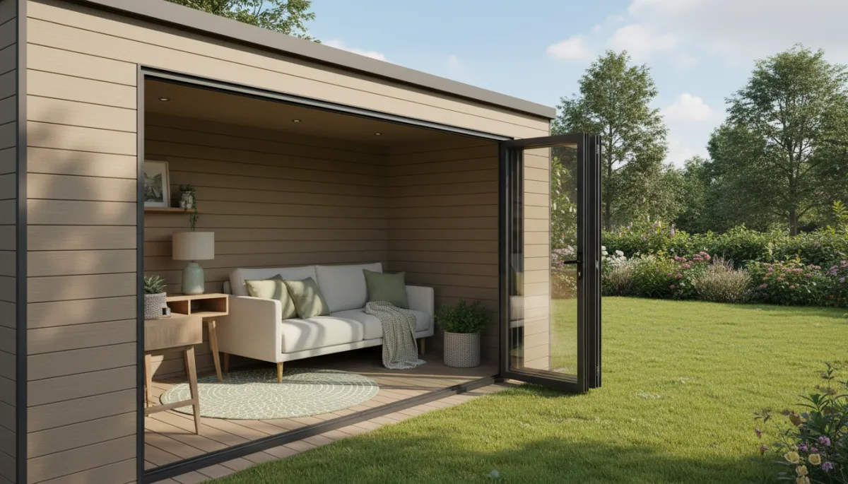 Multi-purpose garden room with sofa-bed and work area