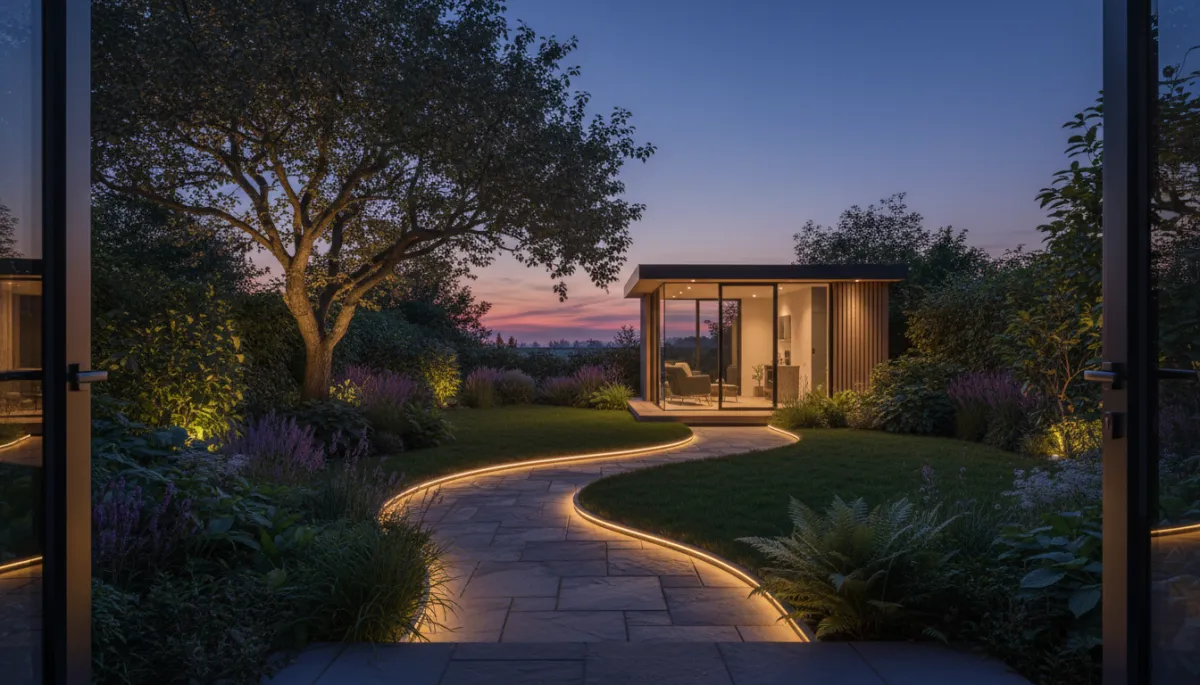 Garden path leading safely to a lit garden room at night