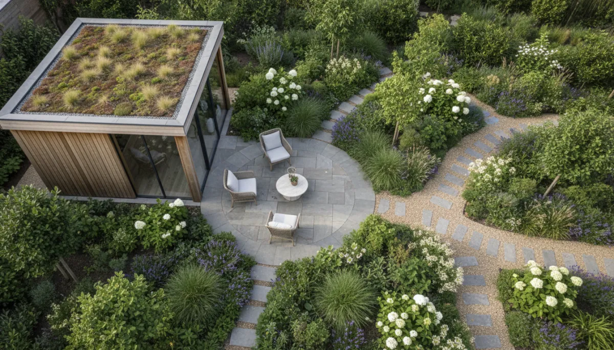 Garden layout with a well-positioned garden room and seating area