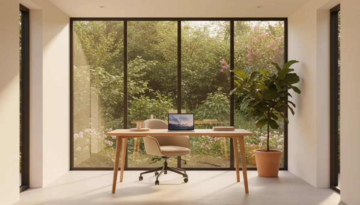 Photorealistic interior of a calm garden office overlooking a green garden