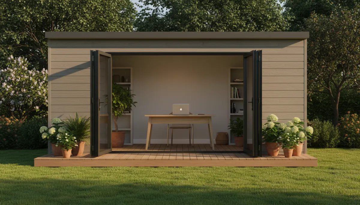 Photorealistic garden office with glass doors open to a green garden