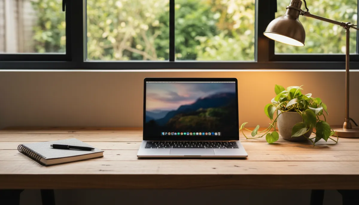 Photorealistic close-up of a tidy desk in a garden office with garden view