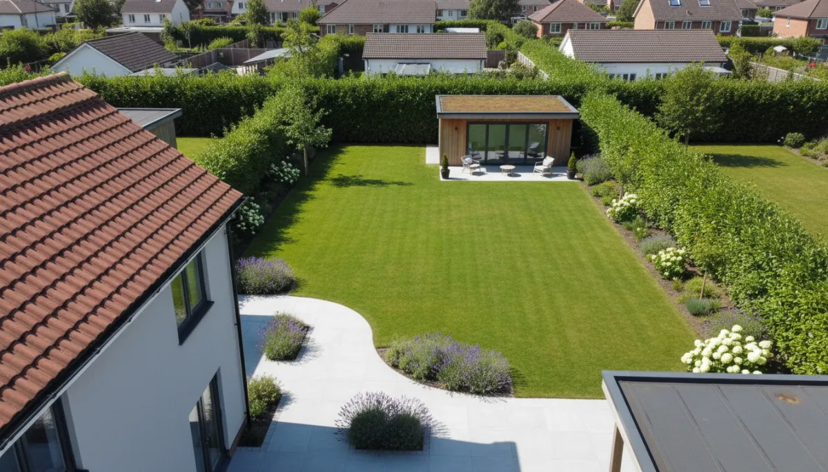 Photorealistic aerial view of a garden with a garden office at the end