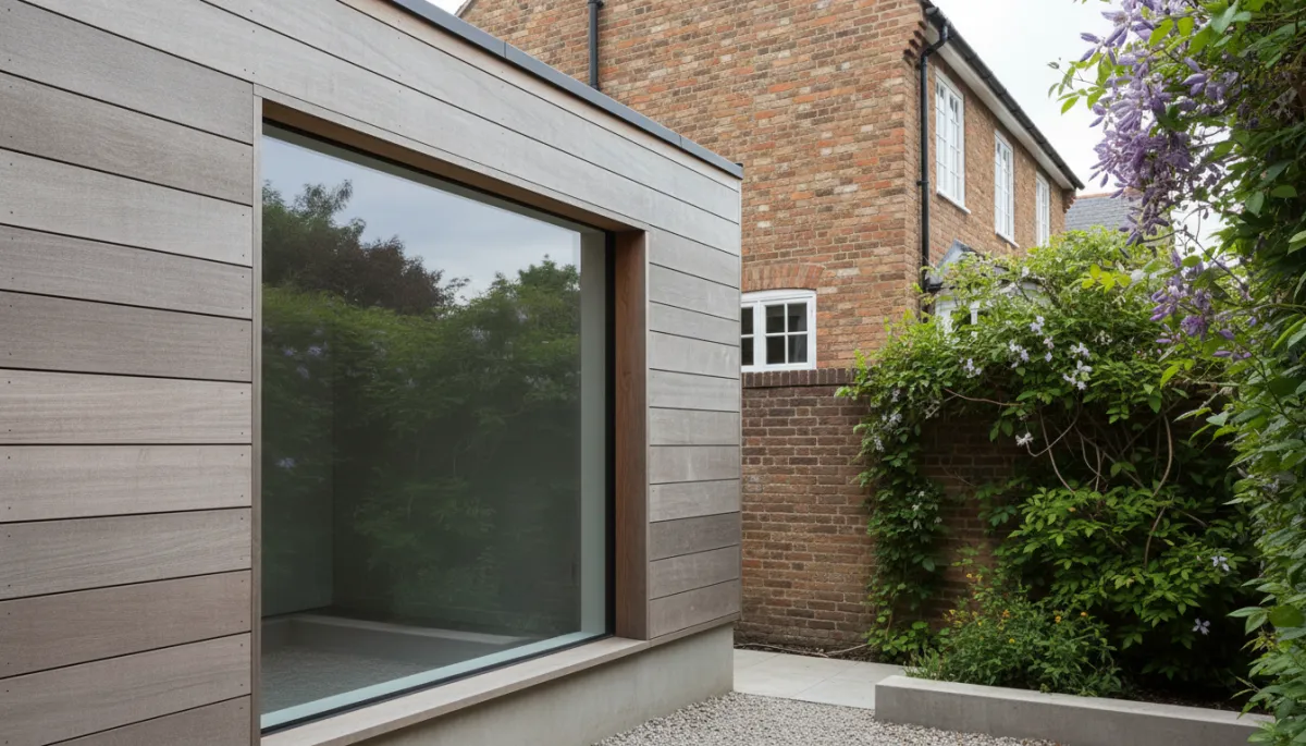 Detail of well-constructed garden room with quality cladding and window