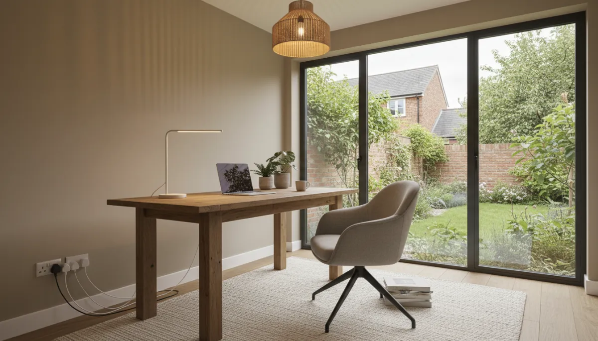 Interior of a well-lit garden office with safe electrical installation