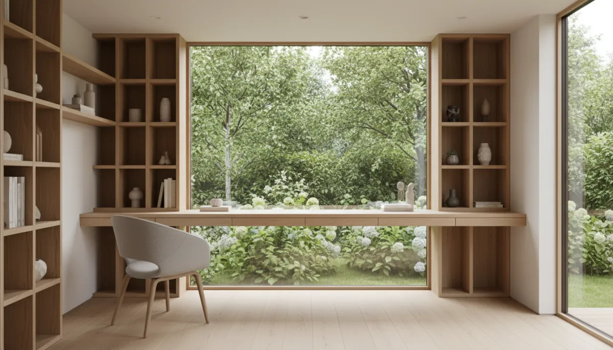photorealistic interior of a small garden office with neutral colour palette, built-in desk across the back wall, tall shelving, ergonomic chair and large window overlooking green garden