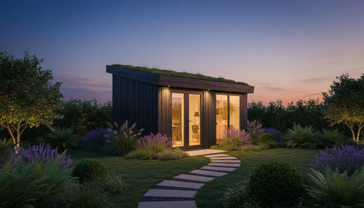 photorealistic view of a small garden office at dusk, warm interior lights glowing, simple stone path leading to the door, soft planting around the base in a tidy urban garden