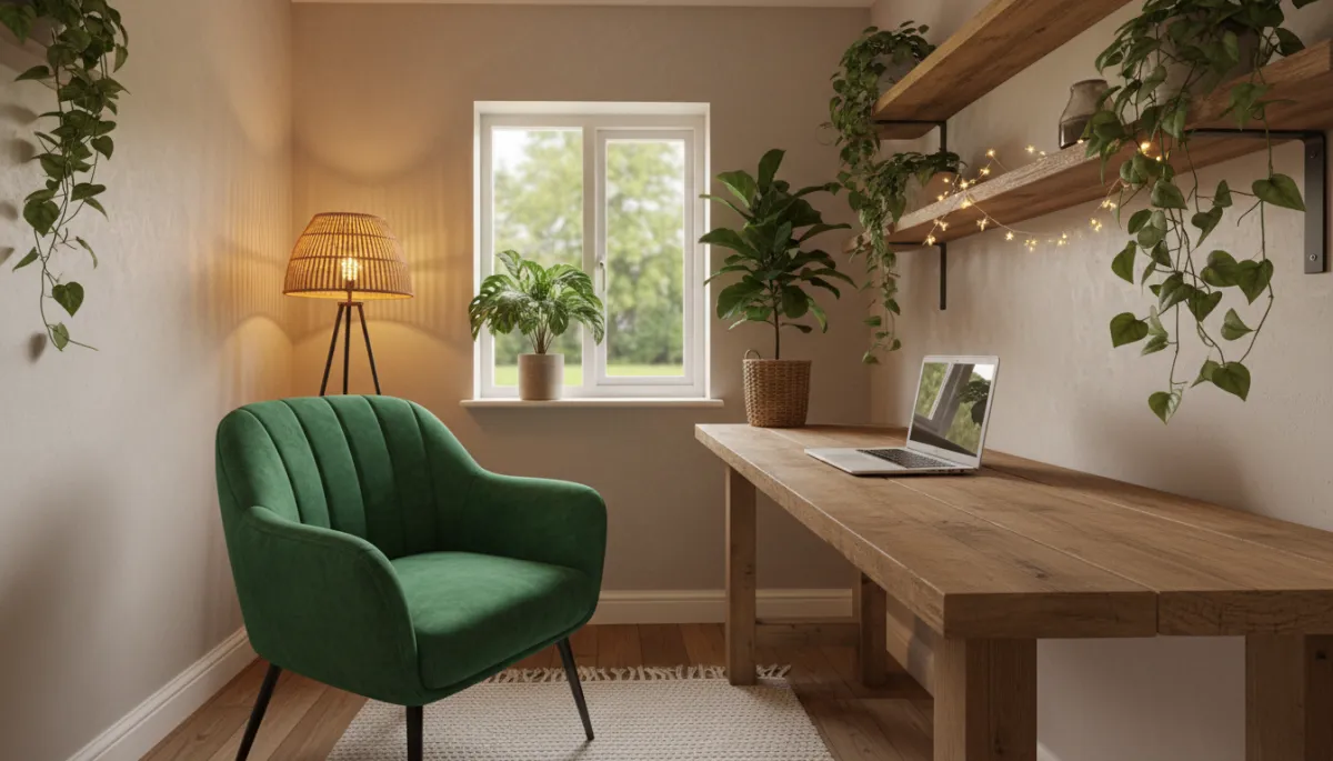 photorealistic small garden office interior with neutral walls, green accent chair, wooden desk, laptop, plants on shelves and soft warm lighting creating a cosy work atmosphere