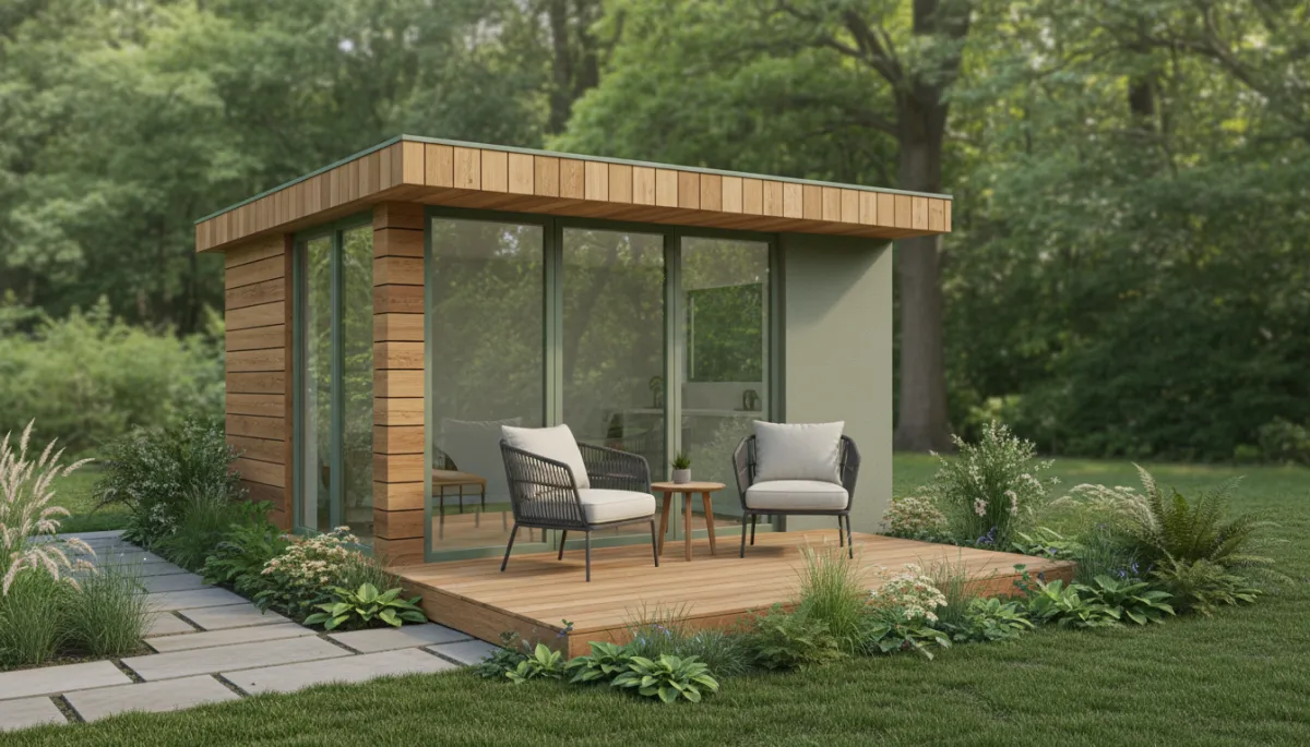 photorealistic exterior of a small modern garden office with neutral green and wood tones, slimline glazing and a tiny deck with two chairs, surrounded by simple planting