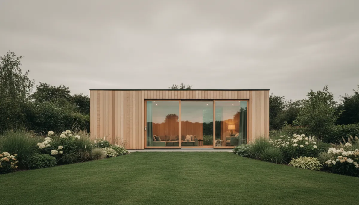 Photorealistic timber garden room with large glass doors in a landscaped garden