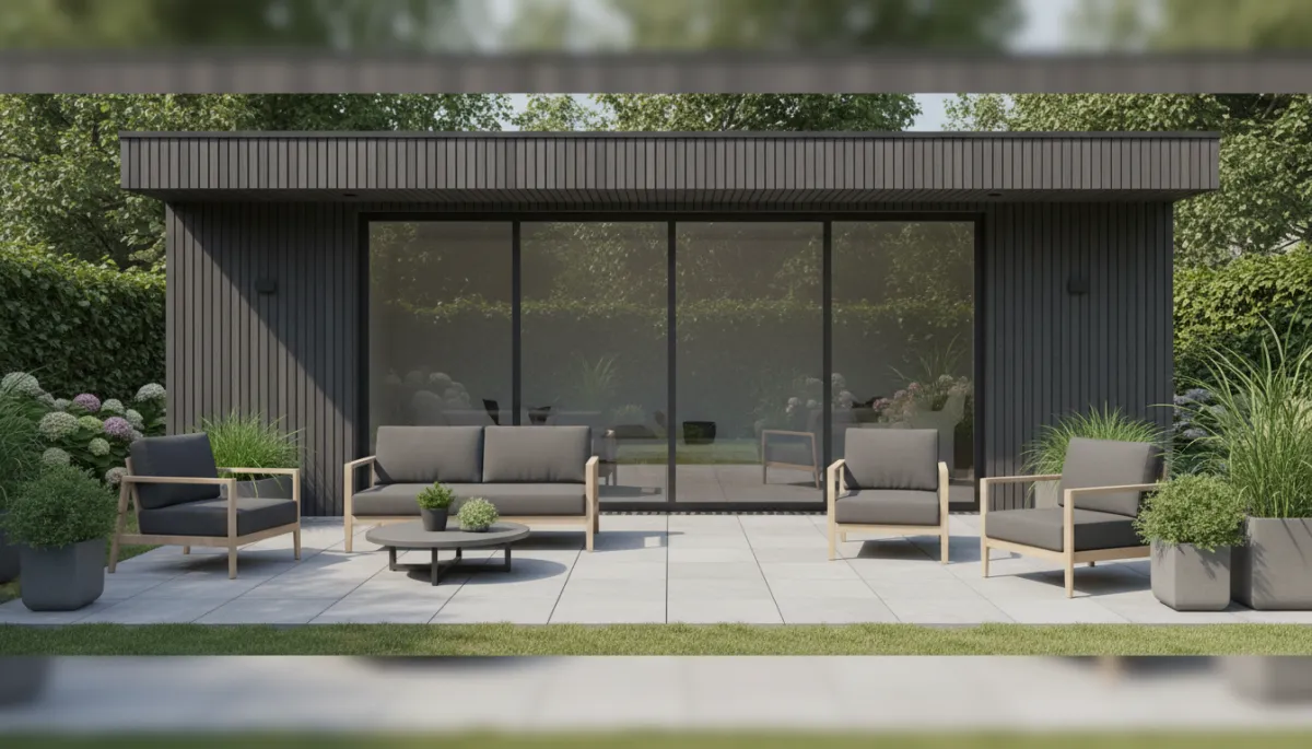 Photorealistic composite garden room with dark cladding and large windows
