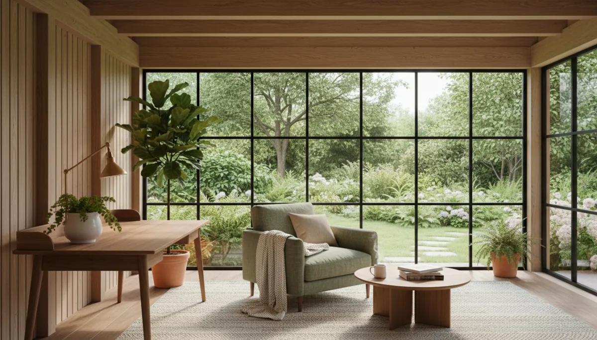 Photorealistic interior of a garden room with desk and seating overlooking a garden