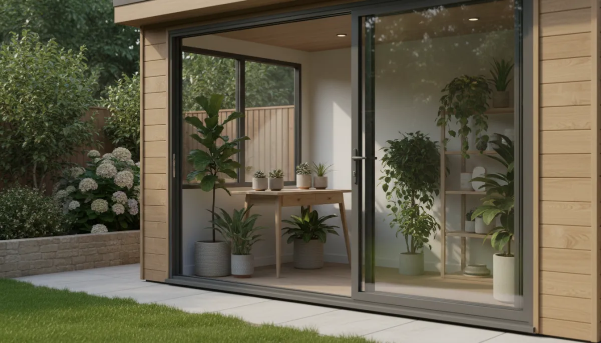 Photorealistic custom garden room with glass doors and calm neutral decor in a suburban garden