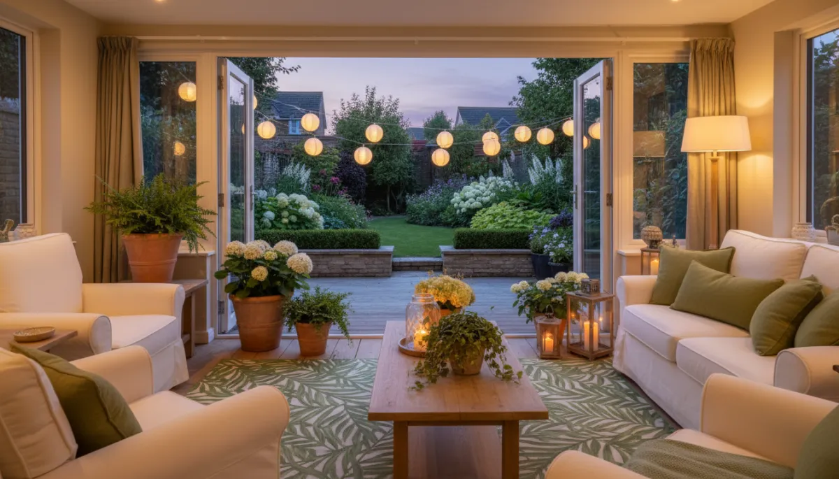 Photorealistic garden room glowing at dusk with deck and potted plants