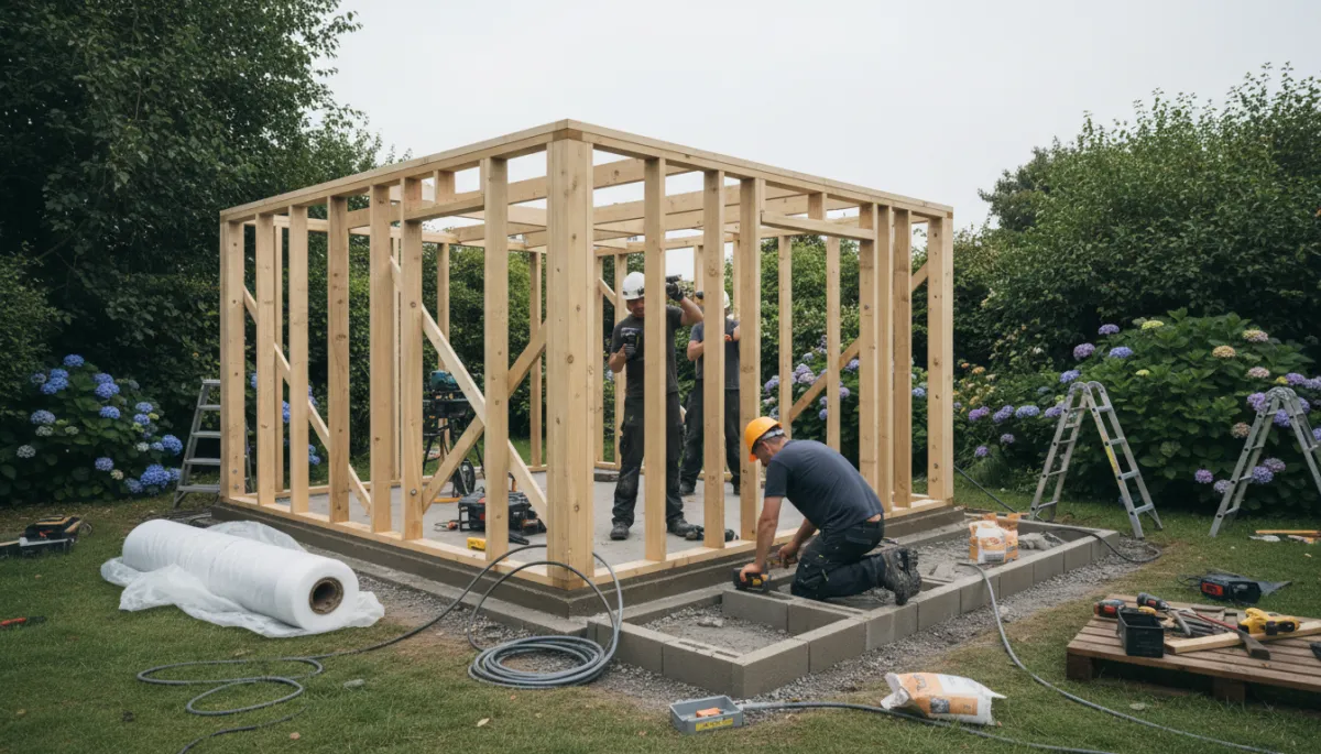 Photorealistic garden room under construction with foundations and frame