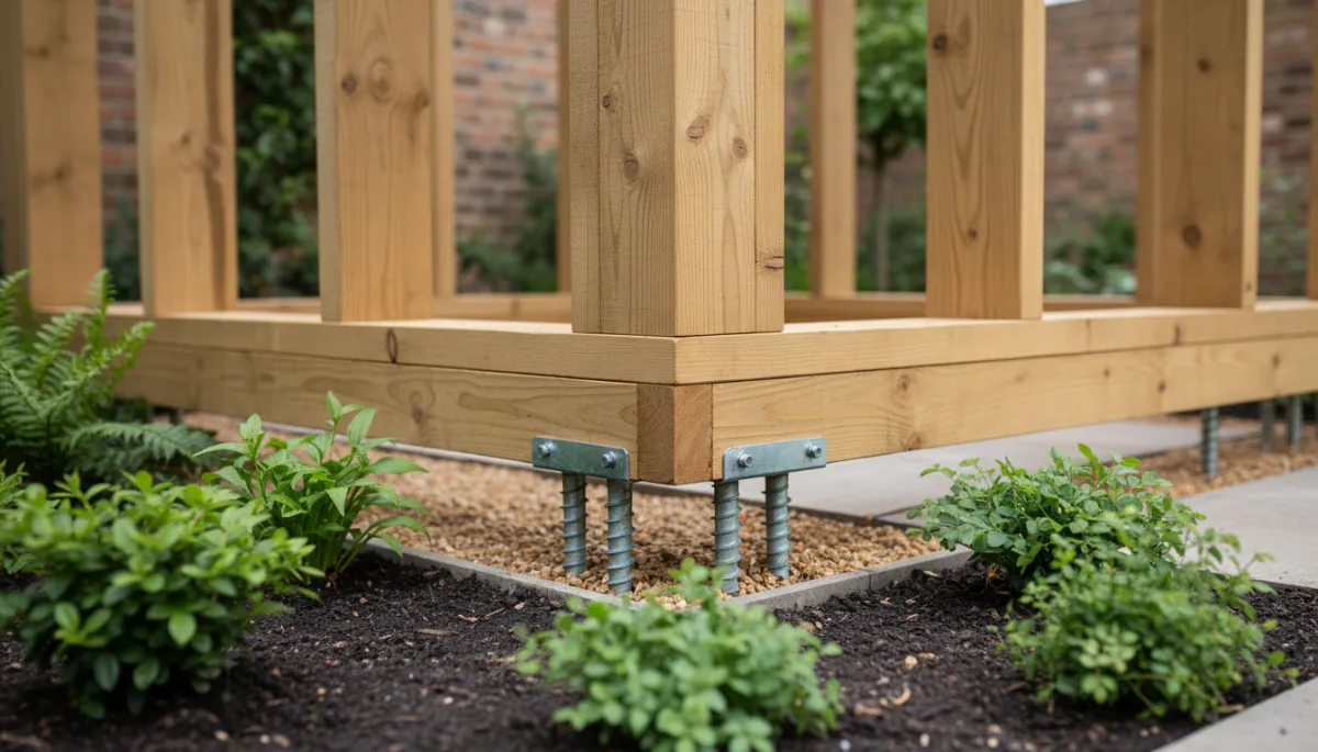 Ground screw foundations supporting a timber base for a garden room