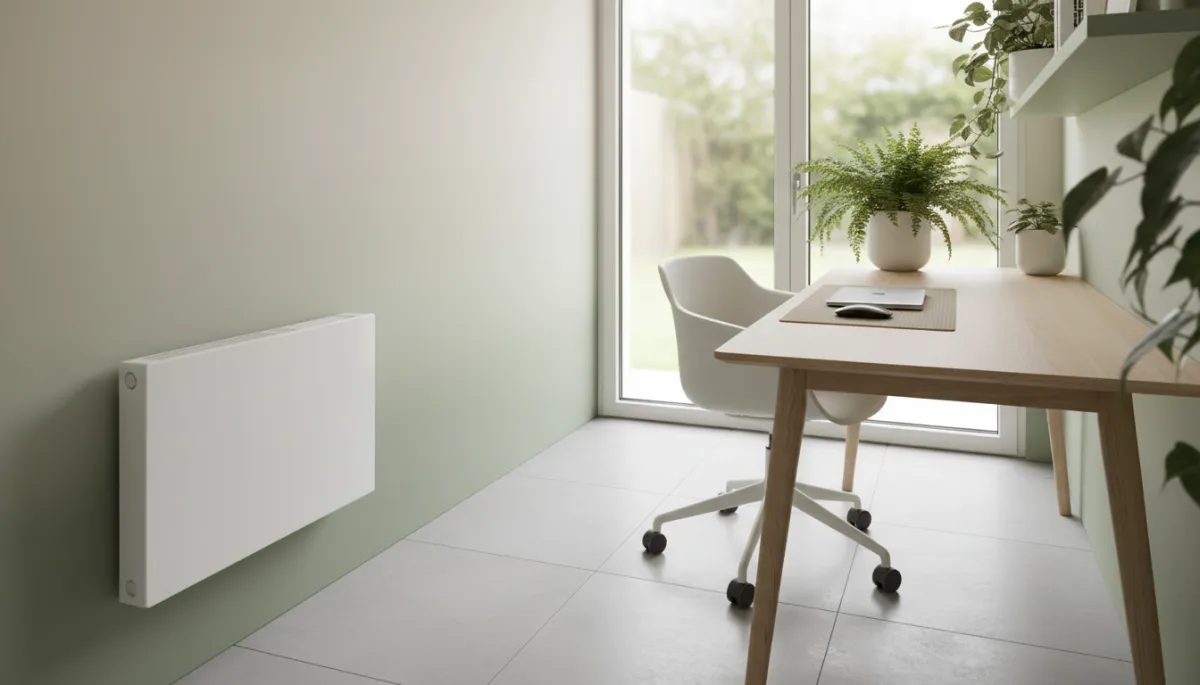 Garden office interior with electric panel heater