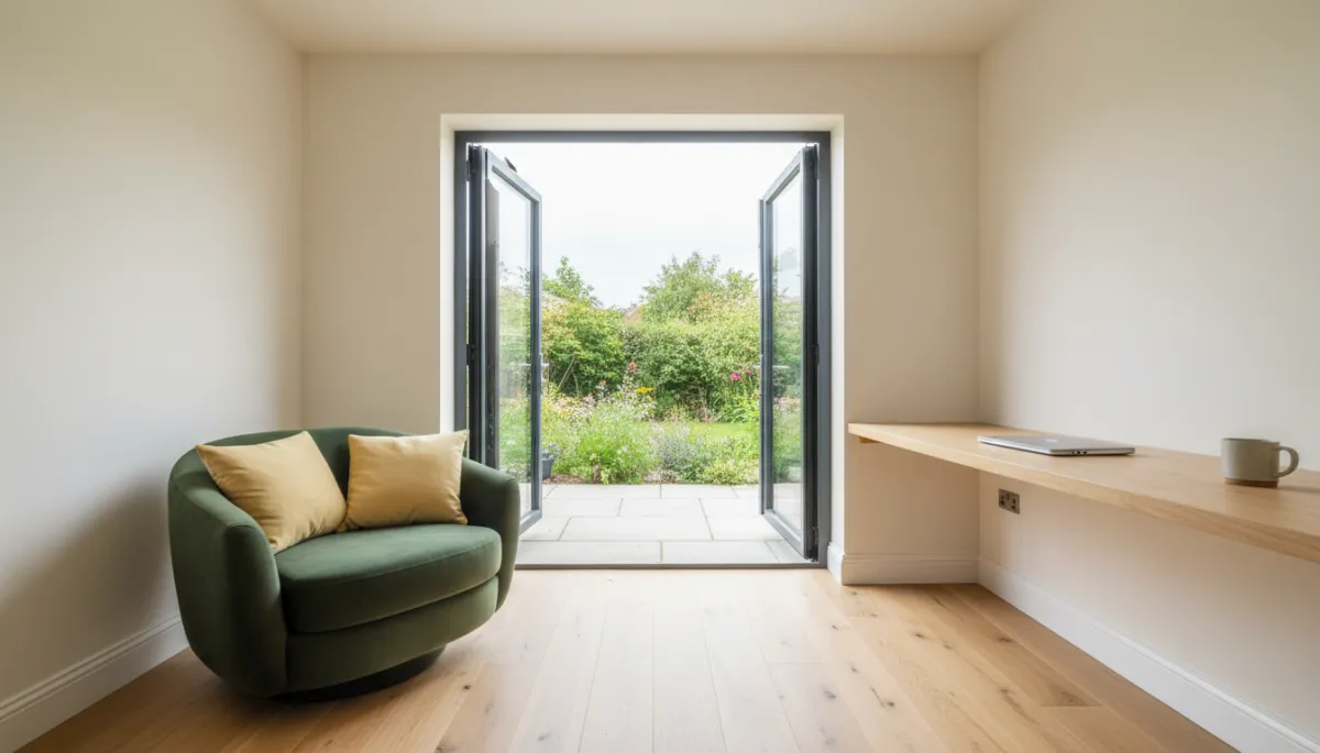 Photorealistic interior of a modern garden room office in Nottingham Photorealistic interior of a modern garden room office in Nottingham