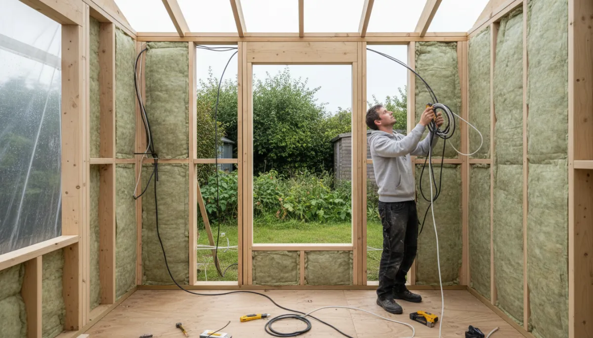 Photorealistic garden room in Nottingham during construction with insulation and wiring Photorealistic garden room in Nottingham during construction with insulation and wiring