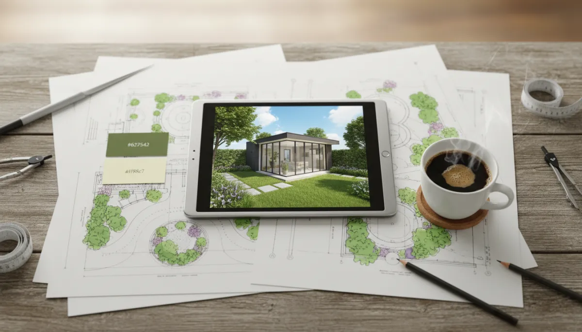 Photorealistic planning scene with garden room drawings and digital render Photorealistic planning scene with garden room drawings and digital render