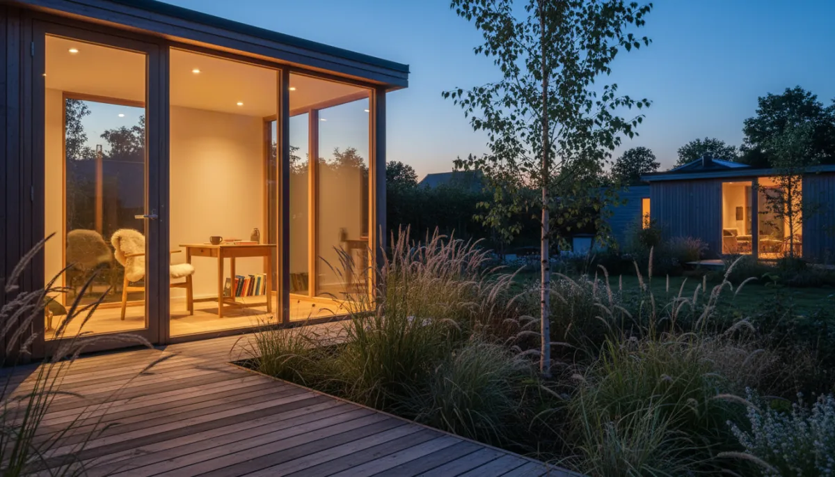 Photorealistic Scandinavian garden room glowing at dusk with Nordic planting Photorealistic Scandinavian garden room glowing at dusk with Nordic planting