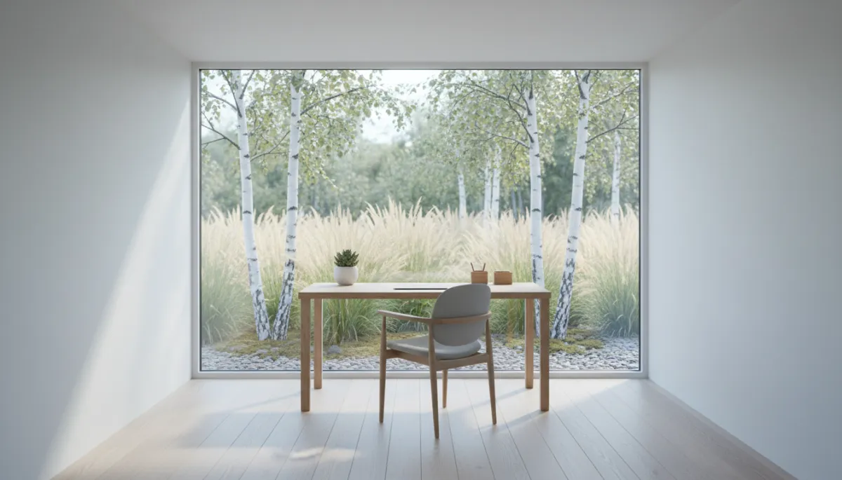 Photorealistic Scandinavian garden room interior styled as a minimalist home office Photorealistic Scandinavian garden room interior styled as a minimalist home office