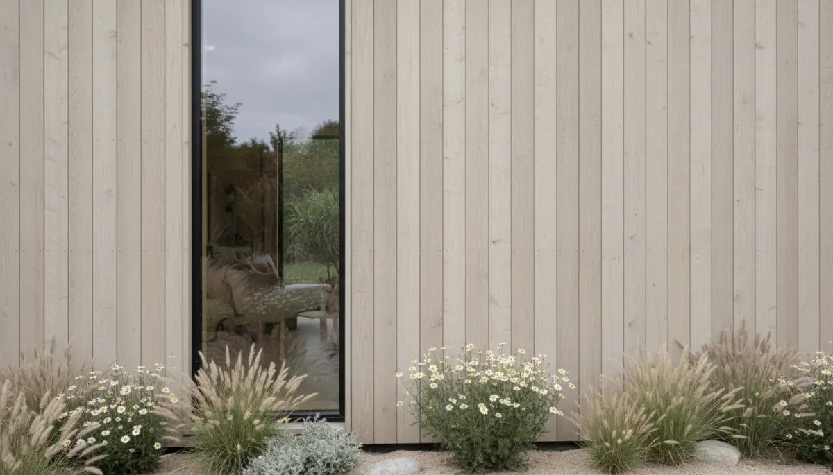 Photorealistic detail of Scandinavian garden room cladding and window surrounded by Nordic planting Photorealistic detail of Scandinavian garden room cladding and window surrounded by Nordic planting