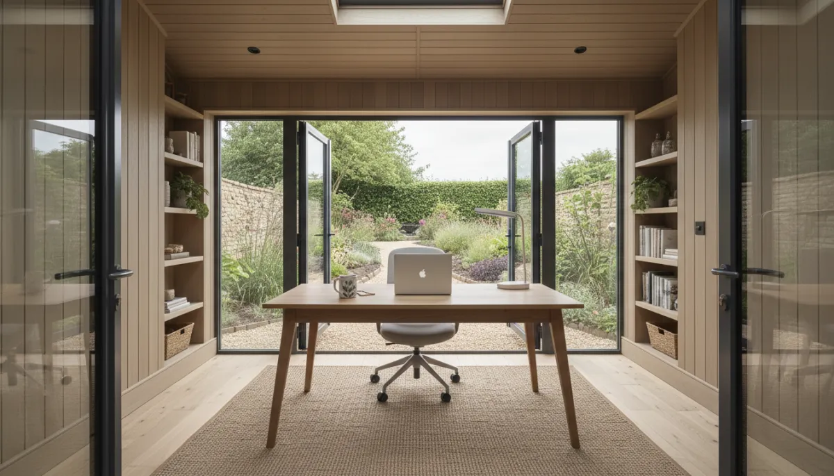 photorealistic interior view of a stylish insulated garden room office in Nottingham with large double-glazed doors opening to a landscaped garden, neutral colours, wooden floor, and a tidy desk setup photorealistic interior view of a stylish insulated garden room office in Nottingham with large double-glazed doors opening to a landscaped garden, neutral colours, wooden floor, and a tidy desk setup