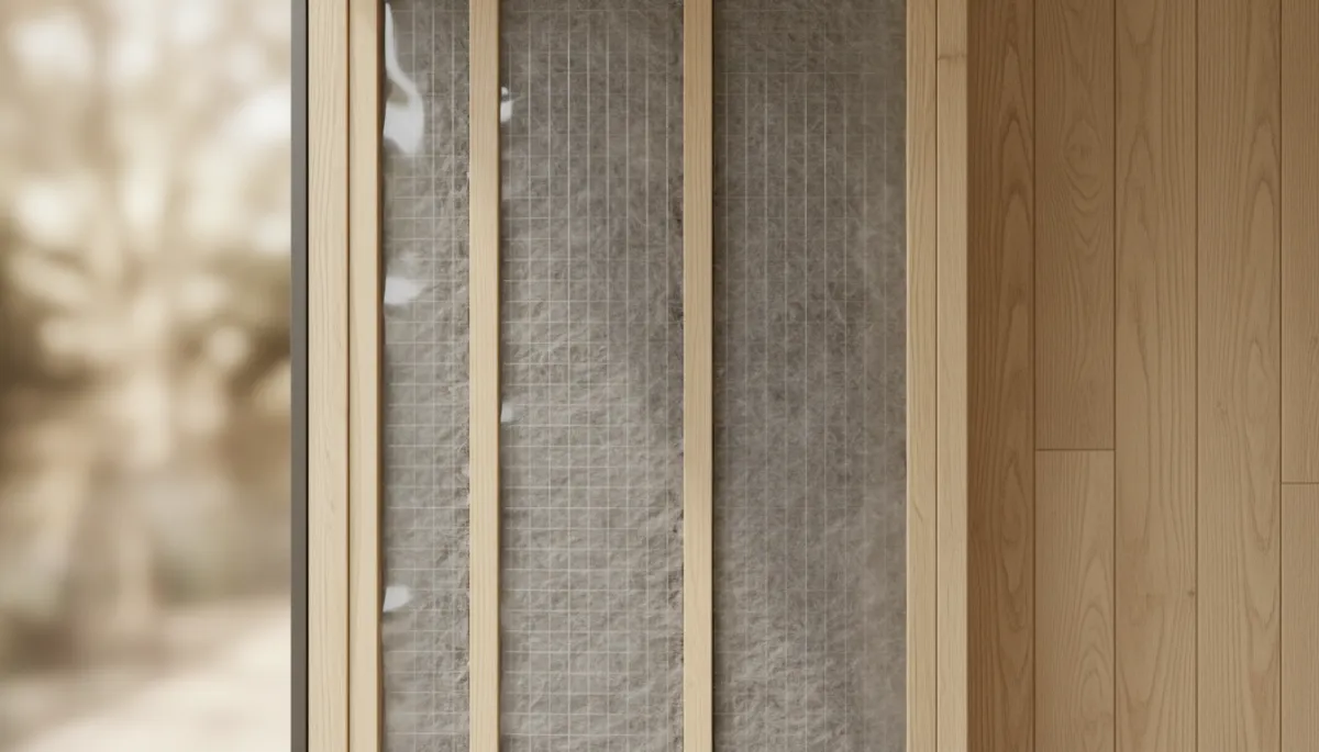 photorealistic close-up cross-section of an insulated garden room wall in neutral colours, showing timber frame, insulation layer, vapour barrier and interior cladding, with soft natural lighting photorealistic close-up cross-section of an insulated garden room wall in neutral colours, showing timber frame, insulation layer, vapour barrier and interior cladding, with soft natural lighting