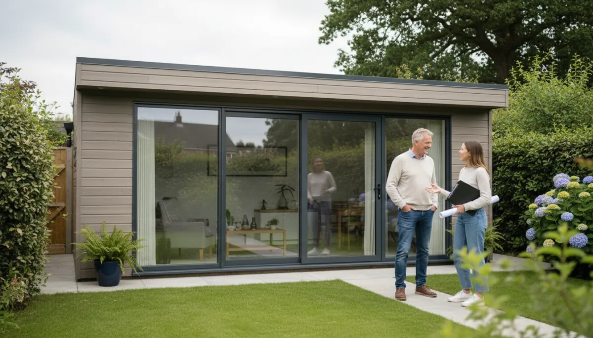 photorealistic daytime exterior of an insulated garden room in a Nottingham garden, neutral cladding, large windows, subtle greenery and a homeowner chatting with a garden room designer holding plans photorealistic daytime exterior of an insulated garden room in a Nottingham garden, neutral cladding, large windows, subtle greenery and a homeowner chatting with a garden room designer holding plans