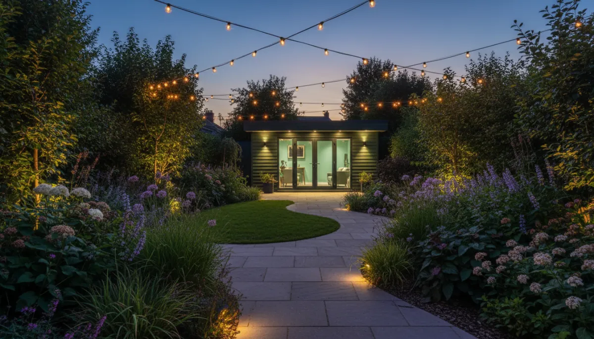 Photorealistic evening view of a small Nottingham garden with warm layered lighting