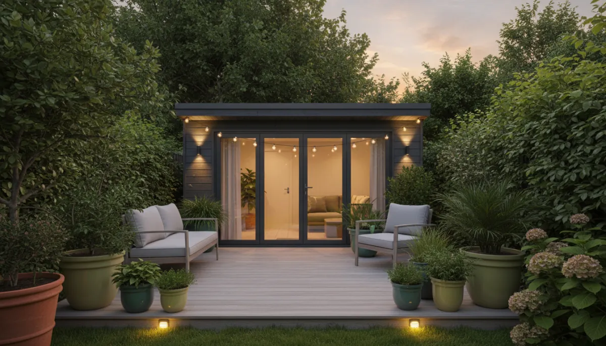Photorealistic small Nottingham garden with a stylish green garden studio and decked terrace
