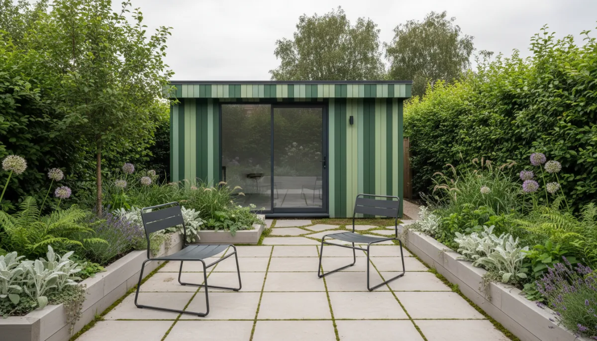 Photorealistic compact West Bridgford garden with cohesive neutral materials and a modern garden studio