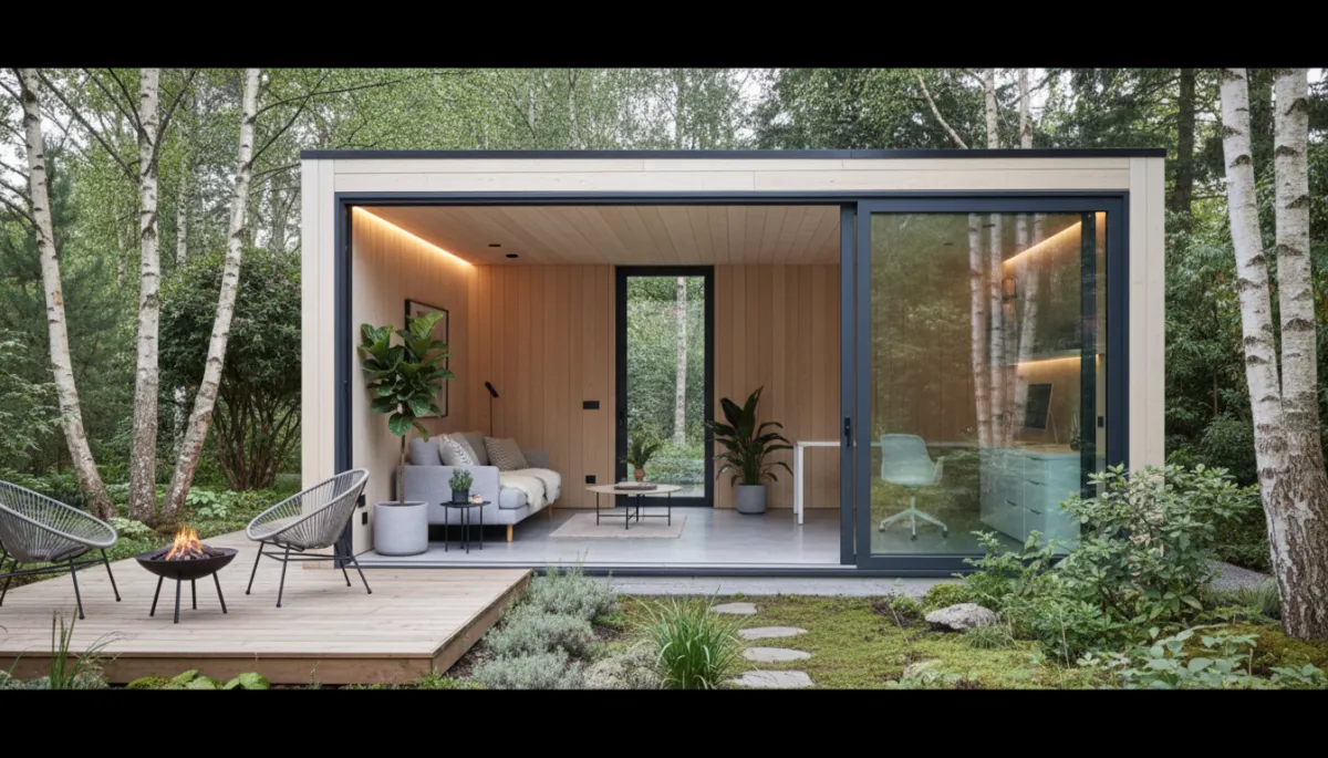 Neutral-toned Scandinavian garden room with timber cladding and large windows