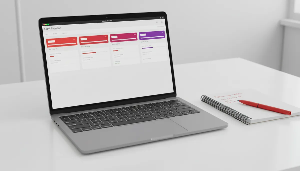 Pantalla de CRM mostrando etapas de pipeline y tareas de seguimiento en un escritorio blanco