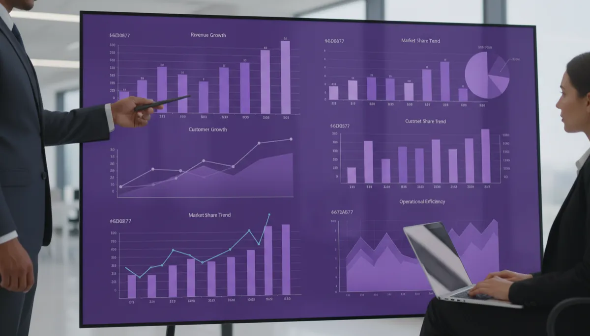 Dashboard de KPIs empresariales en pantalla grande con colores morados