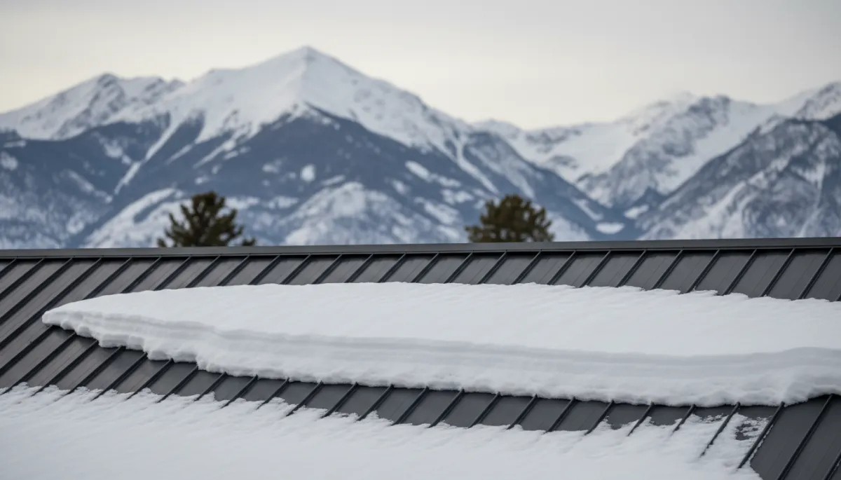Snow sliding off a standing seam metal roof on a Utah home