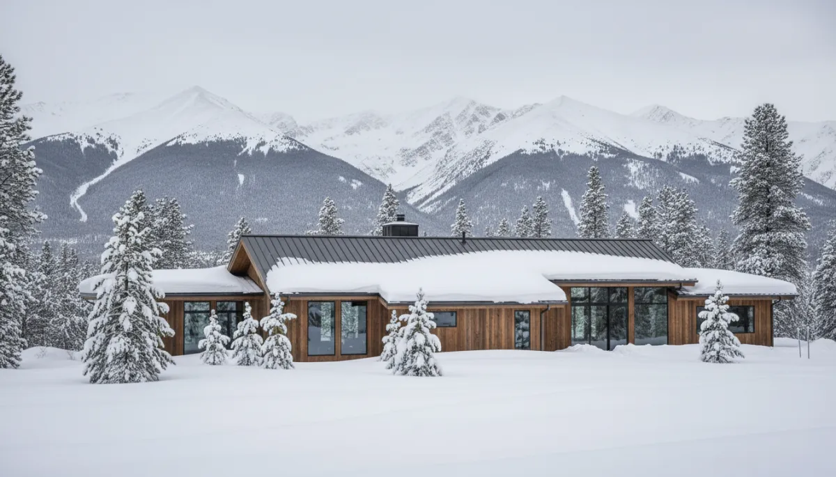 photorealistic neutral-toned scene of a modern mountain home in Utah covered in fresh winter snow, featuring a dark standing-seam metal roof with snow gently sliding off, pine trees and Wasatch mountains in the background, soft overcast lighting
