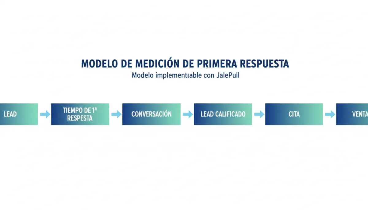 Modelo de medición de primera respuesta — Lead, Tiempo de primera respuesta, Conversación, Lead calificado, Cita, Venta. Modelo implementable con JalePull. Sin porcentajes de conversión. Modelo de medición de primera respuesta — Lead, Tiempo de primera respuesta, Conversación, Lead calificado, Cita, Venta. Modelo implementable con JalePull. Sin porcentajes de conversión.