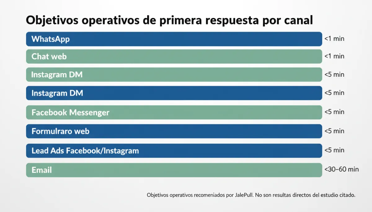 Objetivos operativos de primera respuesta por canal — WhatsApp y Chat web menos de 1 minuto; Instagram DM, Facebook Messenger, Formulario web, Lead Ads menos de 5 minutos; Email menos de 30-60 minutos. Objetivos recomendados por JalePull, no resultados del estudio. Objetivos operativos de primera respuesta por canal — WhatsApp y Chat web menos de 1 minuto; Instagram DM, Facebook Messenger, Formulario web, Lead Ads menos de 5 minutos; Email menos de 30-60 minutos. Objetivos recomendados por JalePull, no resultados del estudio.