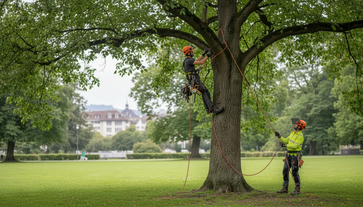 Baumpfleger mit professioneller Ausrüstung führen eine Baumkontrolle in einem Zürcher Park durch