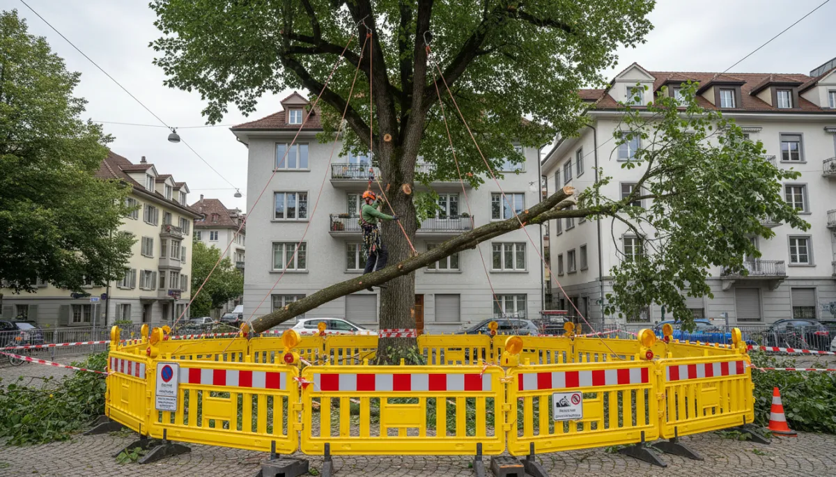 Baumfällarbeiten in Zürich mit Sicherheitsabsperrung und professioneller Seiltechnik